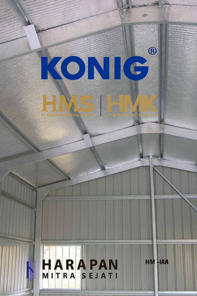 Pemasangan Bubble Aluminium Foil KONIG di struktur atap baja ringan Indonesia, distribusi resmi oleh PT Harapan Mitra Kreasi (HMK)