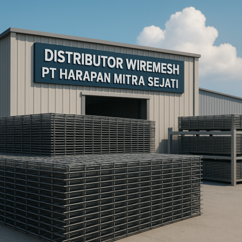 Gudang PT Harapan Mitra Sejati dengan tumpukan wiremesh ready stock dan papan nama Distributor Wiremesh