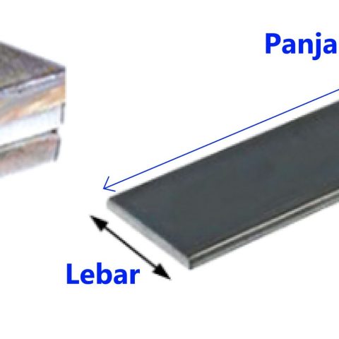 Ilustrasi ukuran plat strip tebal 2 mm lebar 2 cm panjang 6 meter — menunjukkan arah lebar, panjang, dan tebal untuk panduan pembelian material baja di Harapan Mitra Sejati