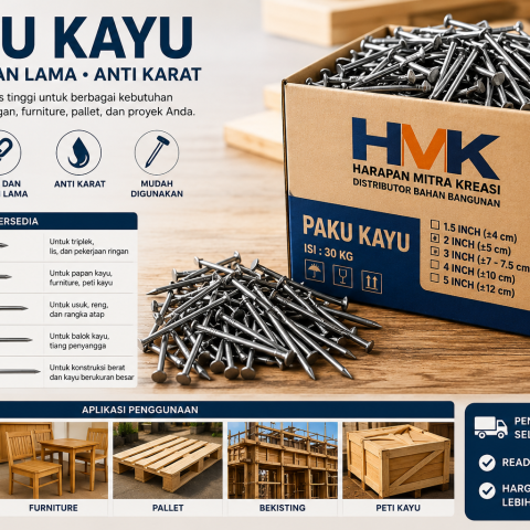 Panduan lengkap Paku Kayu ukuran 1.5 inch, 2 inch, 3 inch, 4 inch, dan 5 inch dari Harapan Mitra Kreasi untuk konstruksi, furniture, pallet, dan workshop.