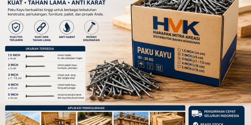 Panduan lengkap Paku Kayu ukuran 1.5 inch, 2 inch, 3 inch, 4 inch, dan 5 inch dari Harapan Mitra Kreasi untuk konstruksi, furniture, pallet, dan workshop.