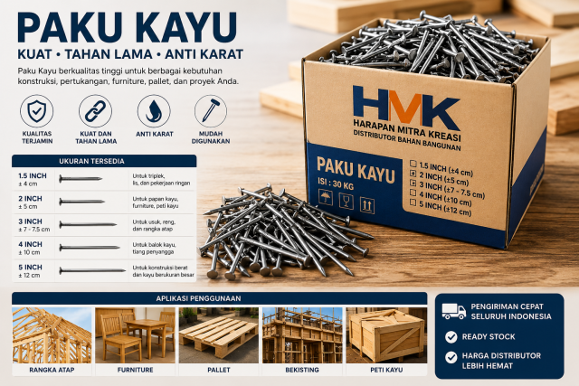 Panduan lengkap Paku Kayu ukuran 1.5 inch, 2 inch, 3 inch, 4 inch, dan 5 inch dari Harapan Mitra Kreasi untuk konstruksi, furniture, pallet, dan workshop.
