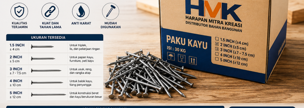 Panduan lengkap Paku Kayu ukuran 1.5 inch, 2 inch, 3 inch, 4 inch, dan 5 inch dari Harapan Mitra Kreasi untuk konstruksi, furniture, pallet, dan workshop.